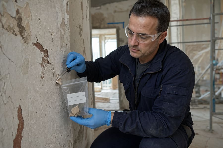 Sachverständiger entnimmt eine Materialprobe aus altem Wandputz für die Schadstoffanalyse