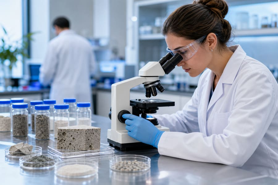 Laboranalyse einer Baustoffprobe unter dem Mikroskop